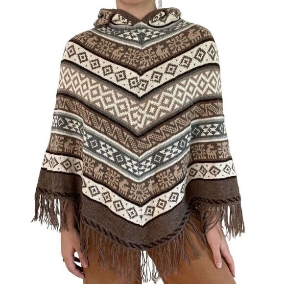 Gamboa Brown Tan 100% Alpaca Peruvian Hooded Fringe Poncho Made in Bolivia - Picture 1 of 5